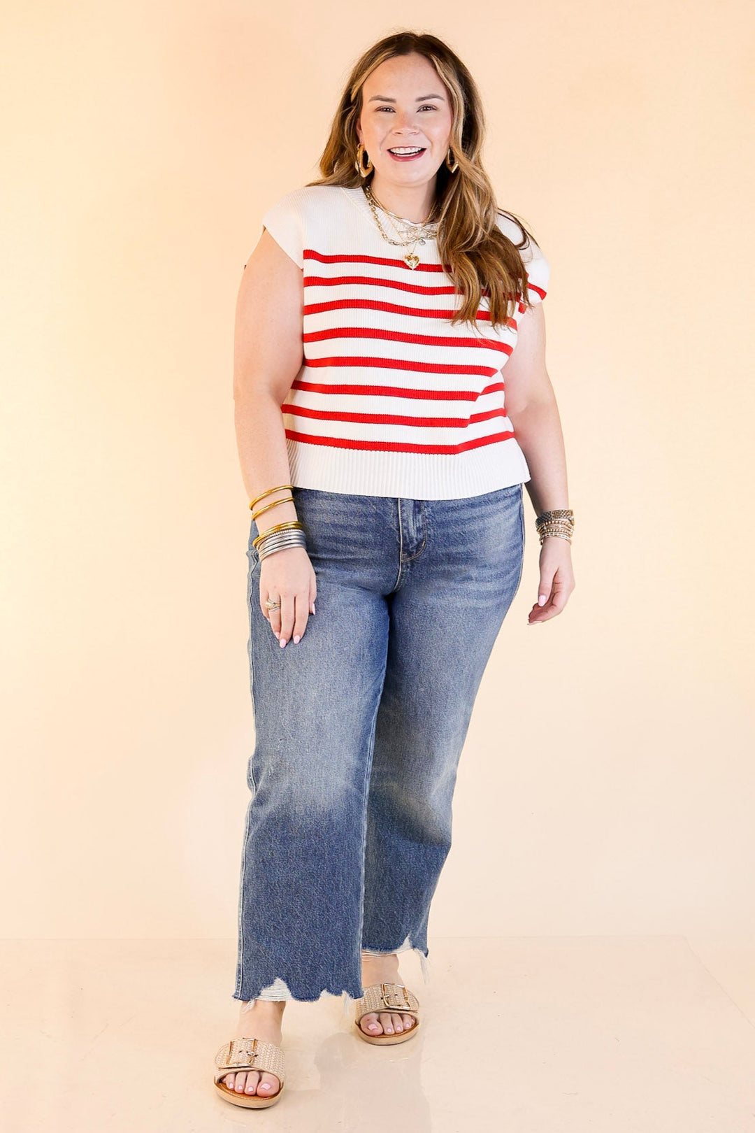 Stripe Things Up Drop Shoulder Knit Sweater in White with Red Stripes