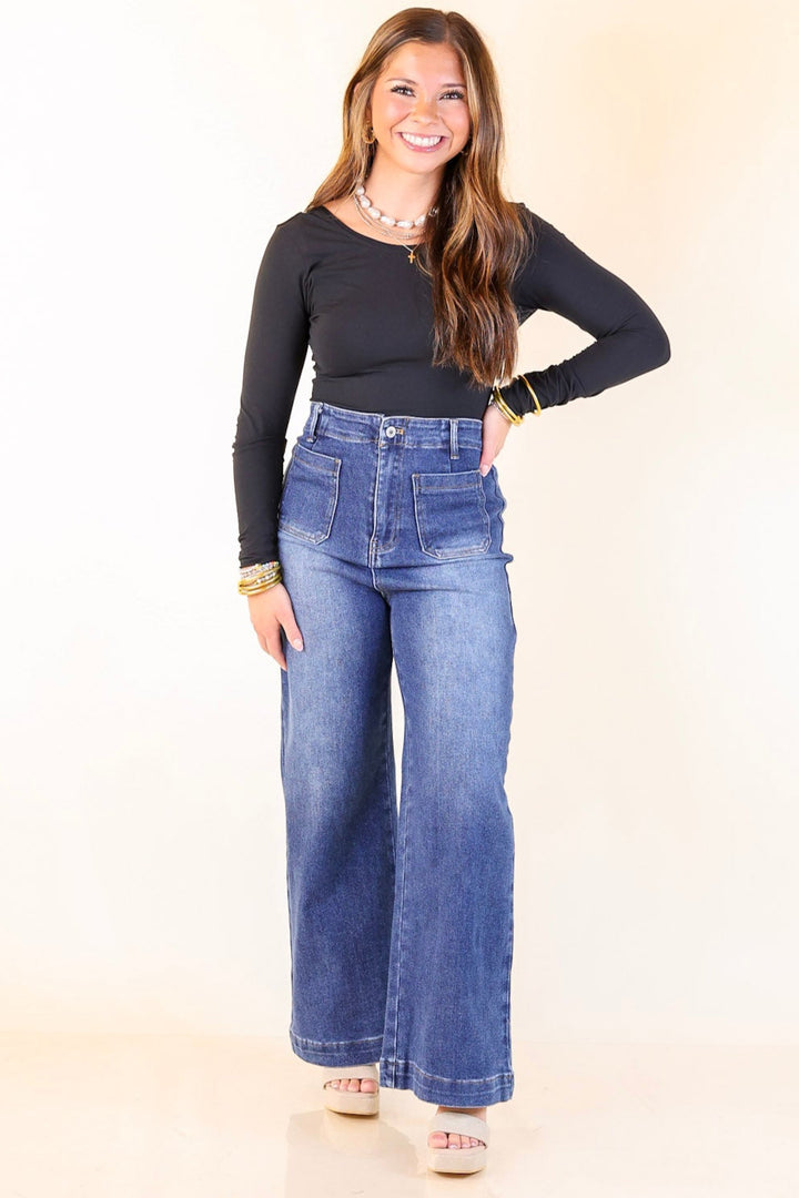 Patch Me In Denim Wide Leg Jean with Front Patch Pocket in Dark Wash