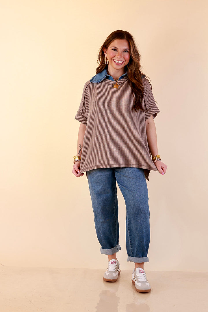 Daily Perfection Scoop Neck Short Sleeve Ribbed Top in Dark Mocha Brown