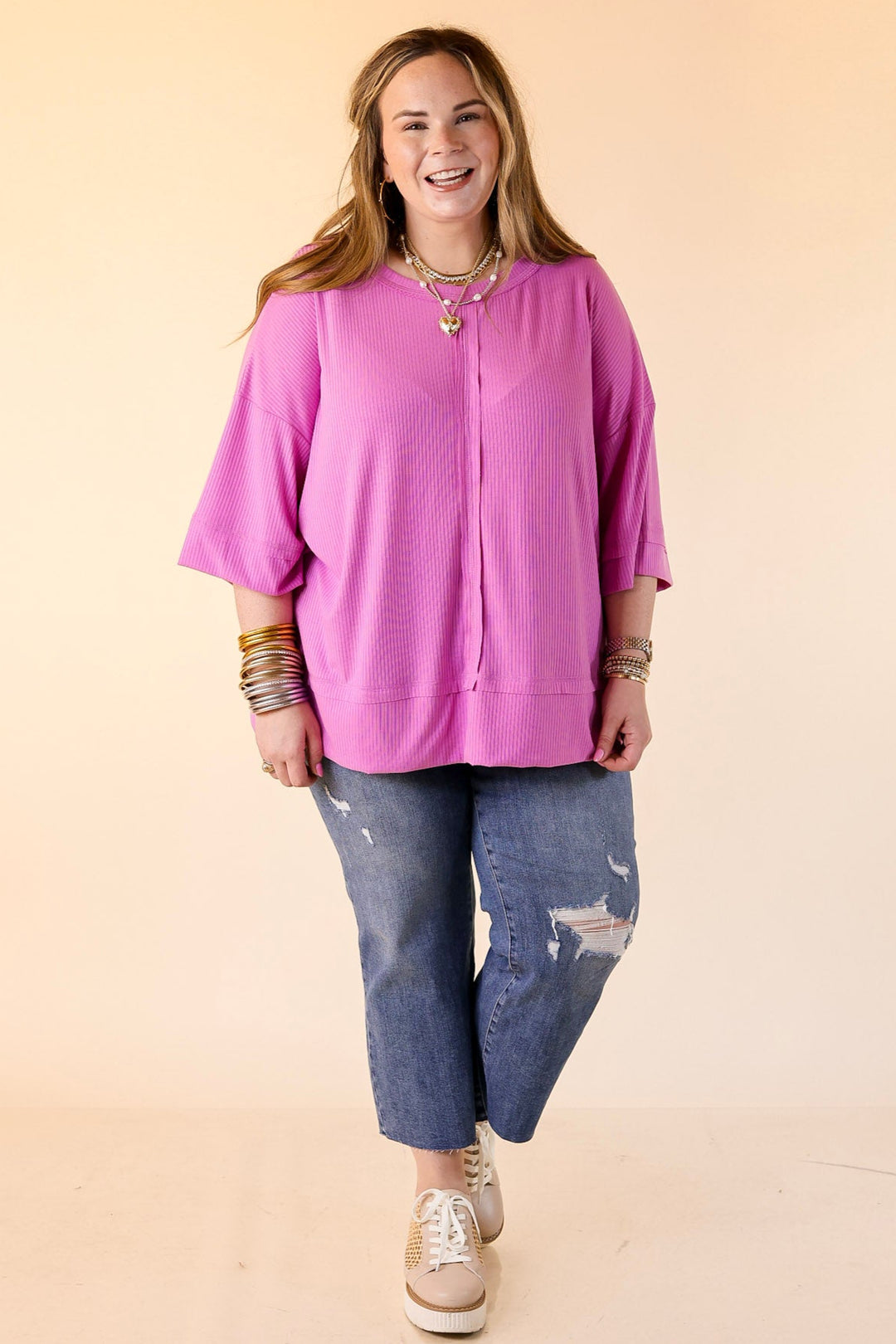 Subtle Spark Crew Neck Short Sleeve Shirt with Seam Detailing in Mauve