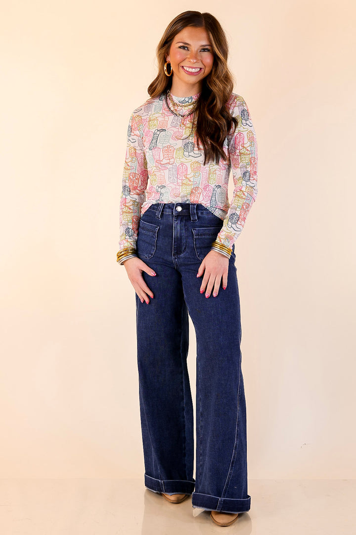 Western Dream Neon Boot Print Mesh Long Sleeve Top in White