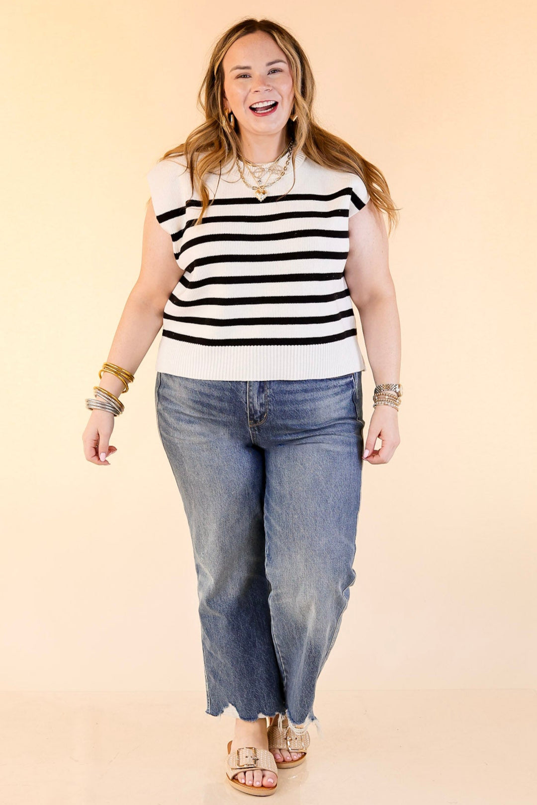 Stripe Things Up Drop Shoulder Knit Sweater in White with Black Stripes