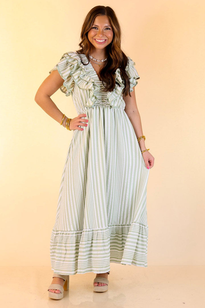 Oh So Sweet V-Neck Striped Maxi Dress in Sage Green