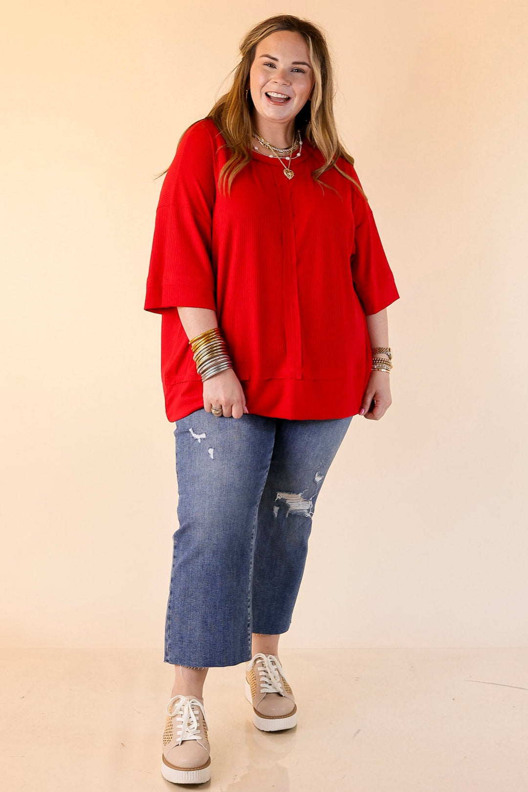 Subtle Spark Crew Neck Short Sleeve Shirt with Seam Detailing in Red