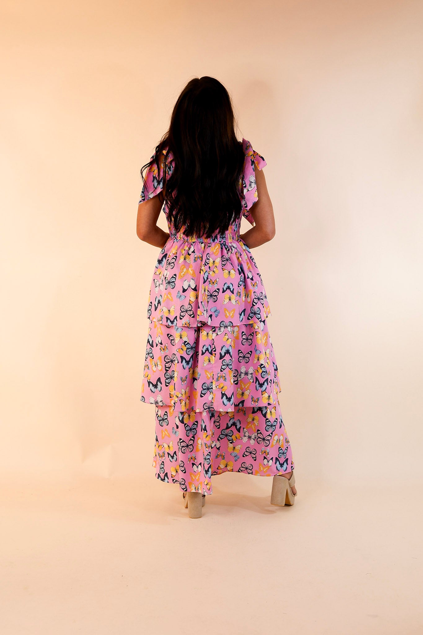 BuddyLove | Drew Tiered Midi Dress in Feelin' Butterflies Pink