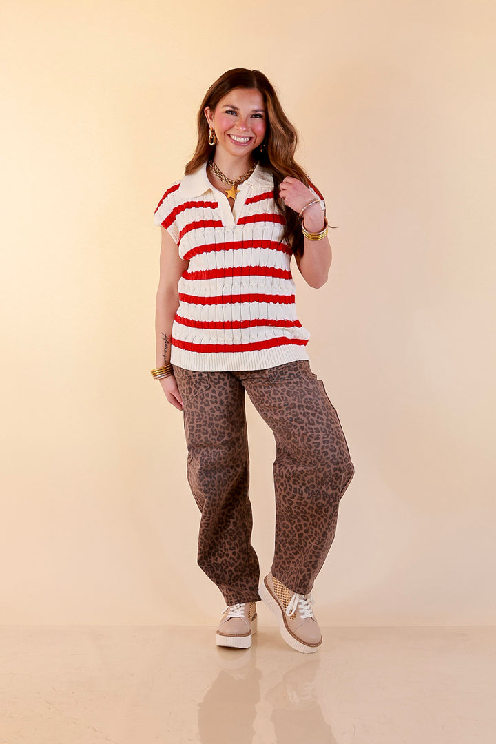 Signature Stripe Drop Shoulder Cable Knit Collared Polo Top in Ivory with Red Stripes