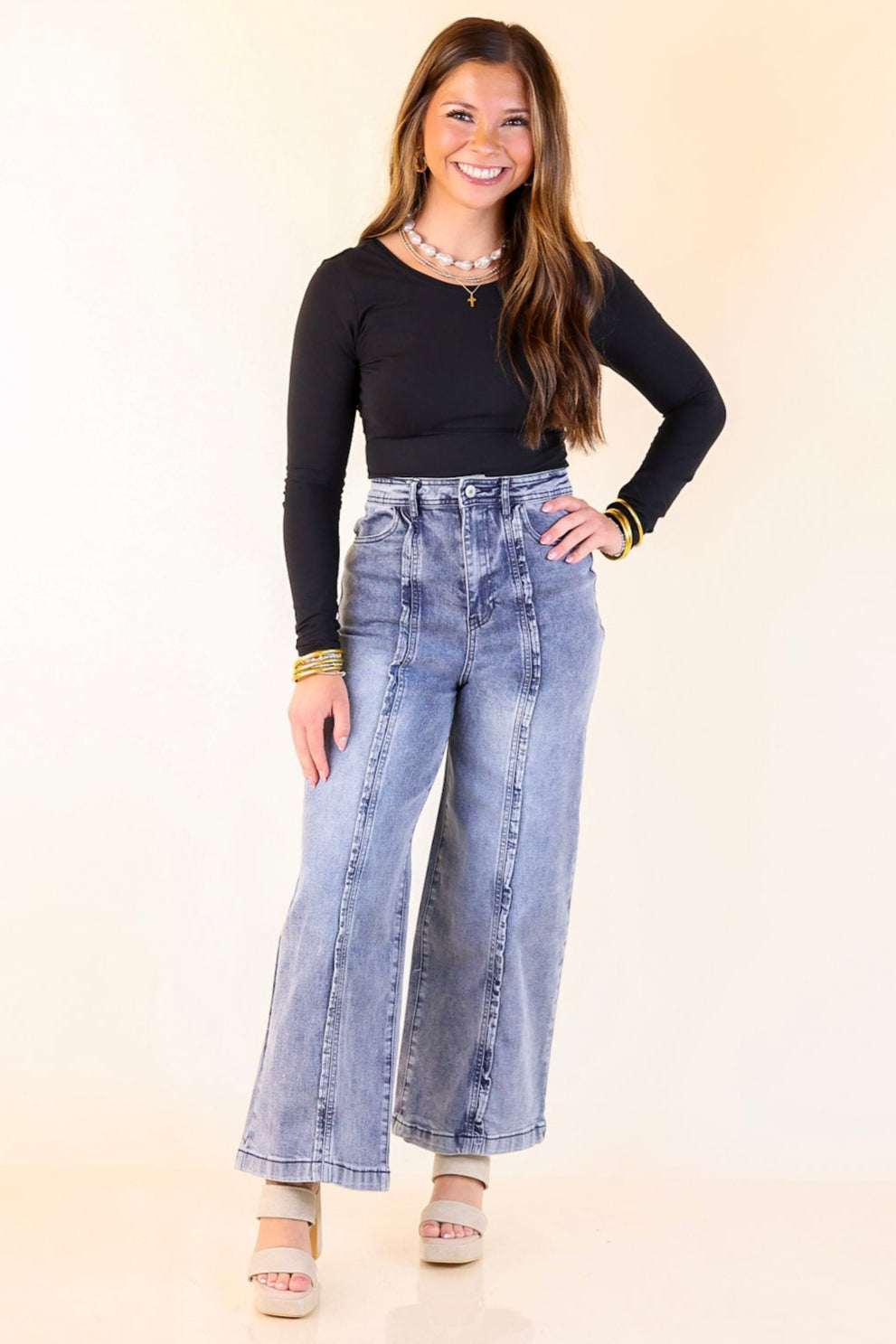 Ripple & Roll Denim Wide Leg Jean with Ruffled Front Seam in Acid Wash