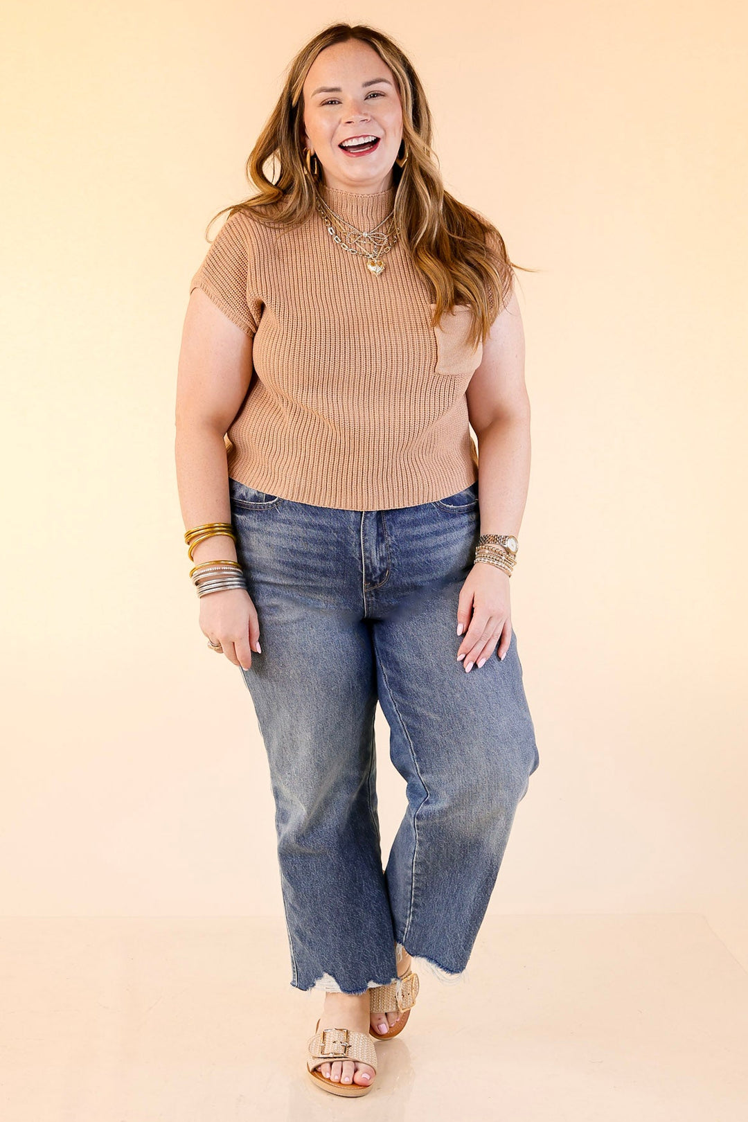 Repeat Worthy Cap Sleeve Cropped Sweater with Front Pocket in Light Brown