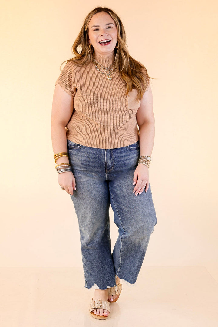 Repeat Worthy Cap Sleeve Cropped Sweater with Front Pocket in Light Brown