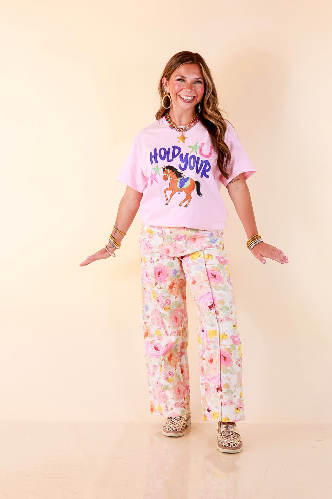 Rein It In "Hold Your Horses" Short Sleeve Graphic Tee in Light Pink