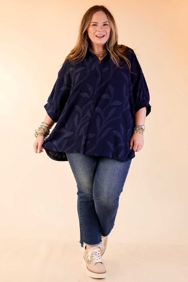 Flirty in Floral Textured Floral Print Button Up Collared Blouse in Navy Blue