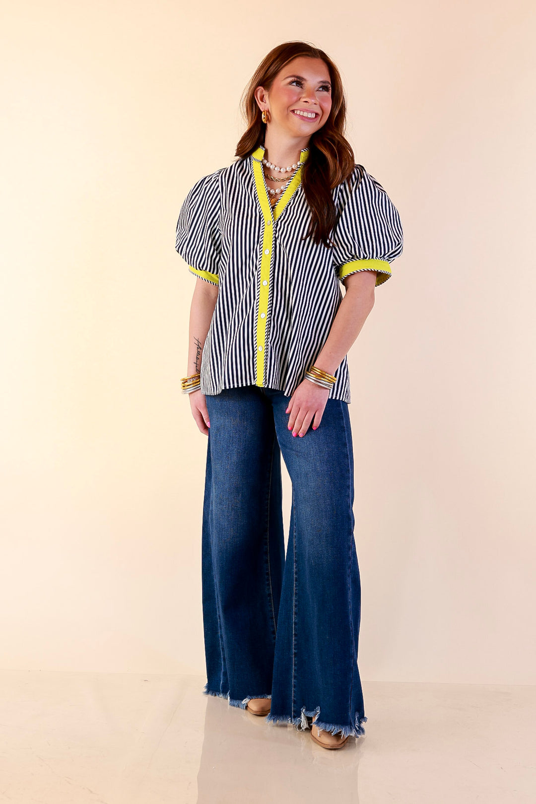 Pop of Polish Short Puff Sleeve Button Front Top with Contrast Trim in Navy Blue, White and Lime