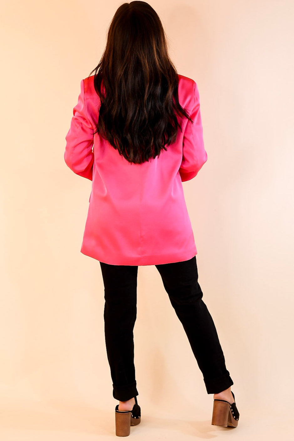 Touch Of Luxury Long Sleeve Satin Blazer in Hot Pink
