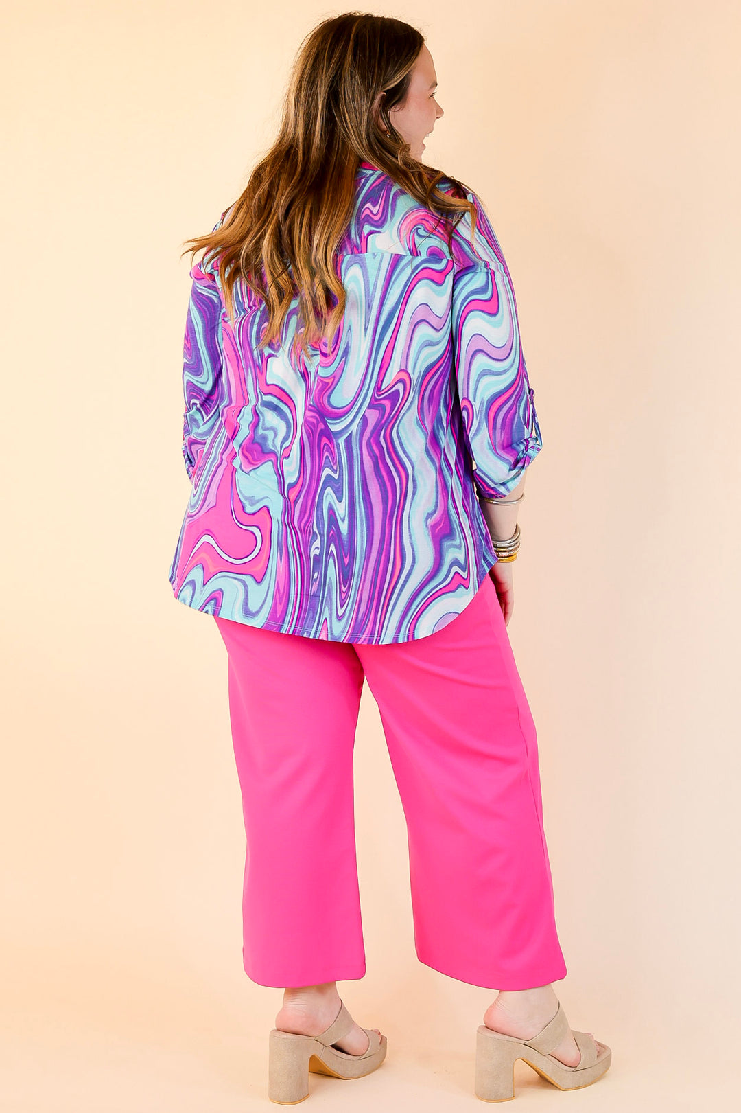 Urban Elegance Marble 3/4 Sleeve Tunic Top in Purple Mix