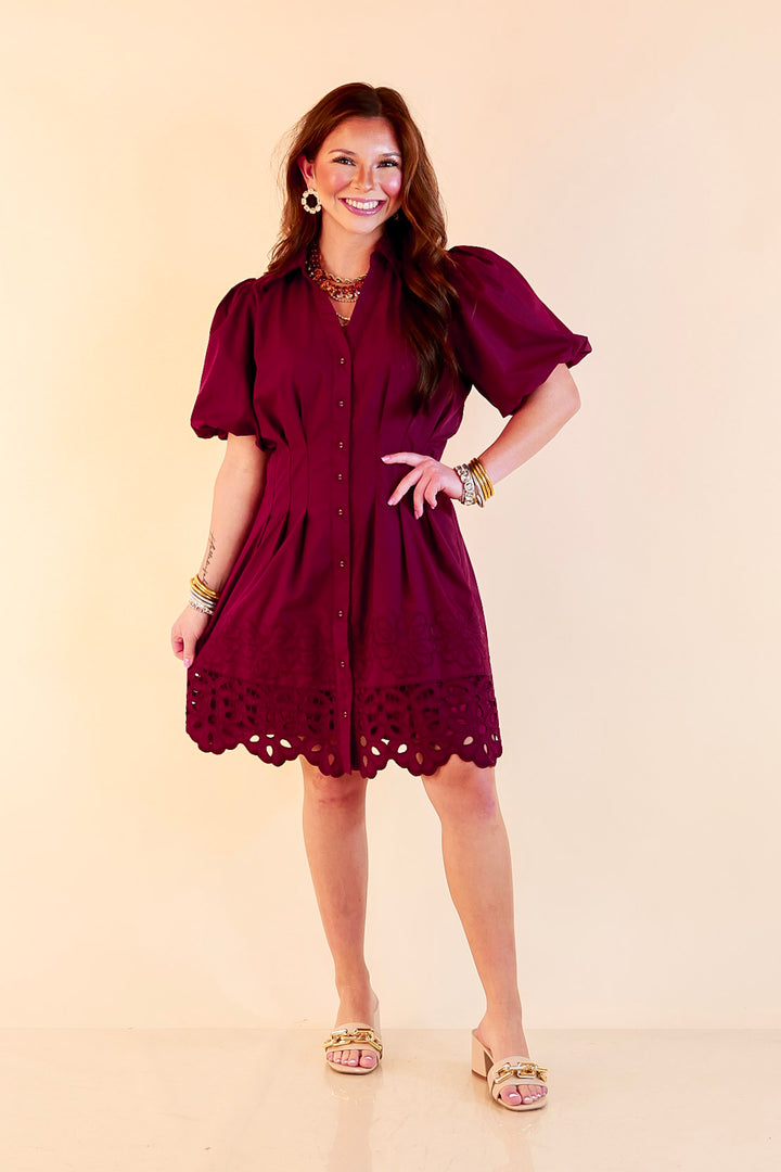 Plans to Impress Button Up Collared Eyelet Lace Trim Dress with Puff Sleeves in Maroon