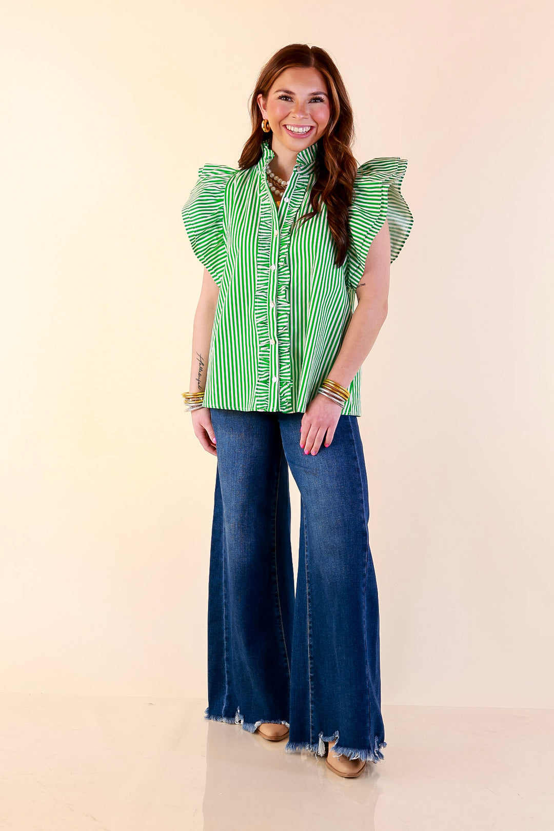 Polished Intentions Ruffle Short Sleeve Button Front Stripe Top in Green and White