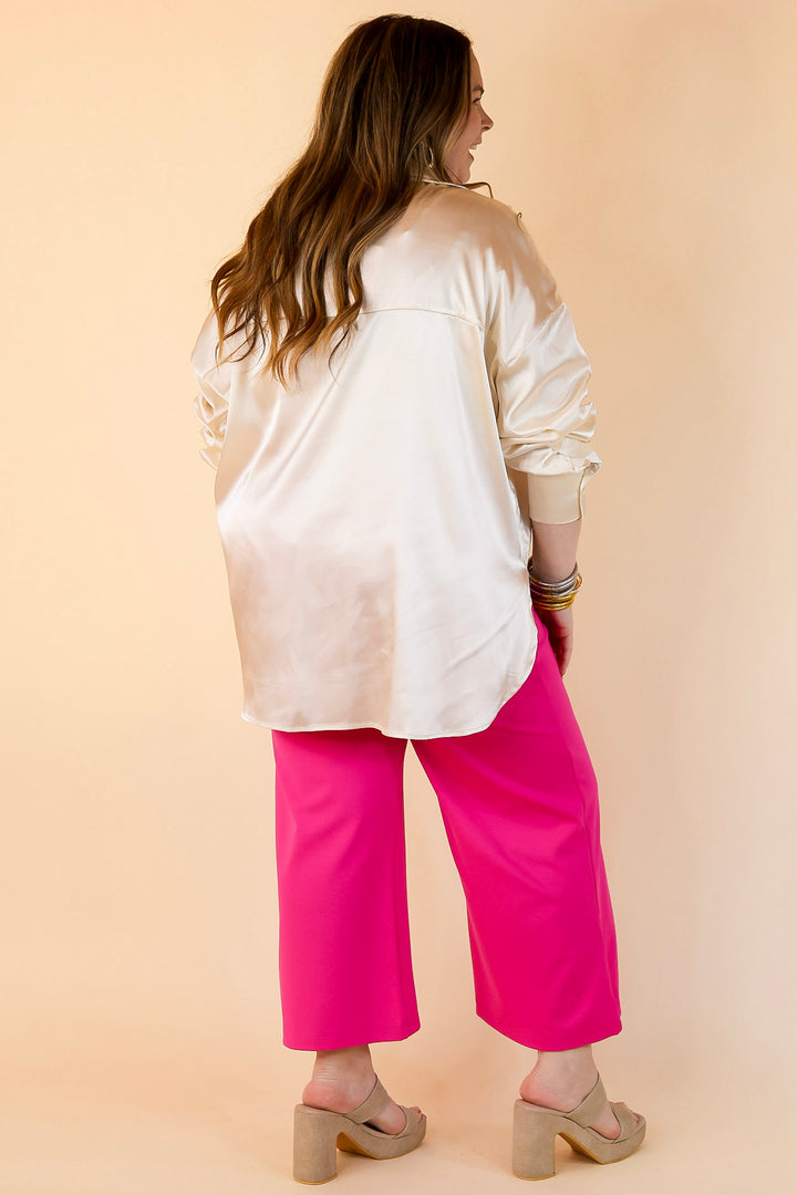 Start The Show Satin Long Sleeve Collared Top in Ivory