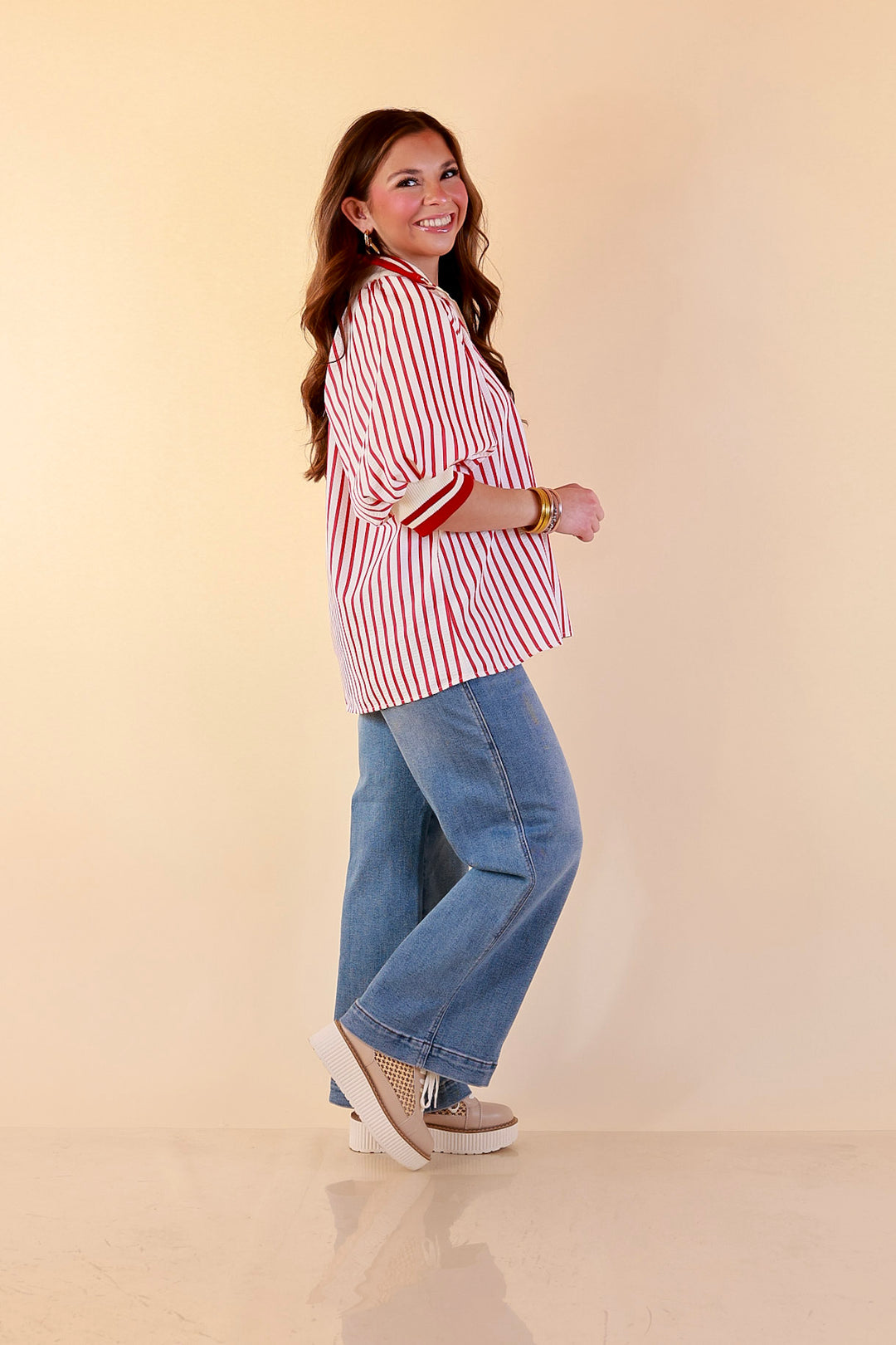 Bold Instincts Striped Print Half Zip Top with Puff Sleeves in Red and Ivory