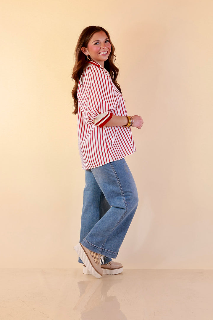 Bold Instincts Striped Print Half Zip Top with Puff Sleeves in Red and Ivory
