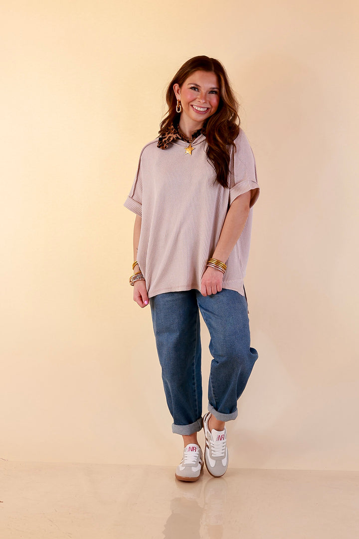 Daily Perfection Scoop Neck Short Sleeve Ribbed Top in Natural Brown