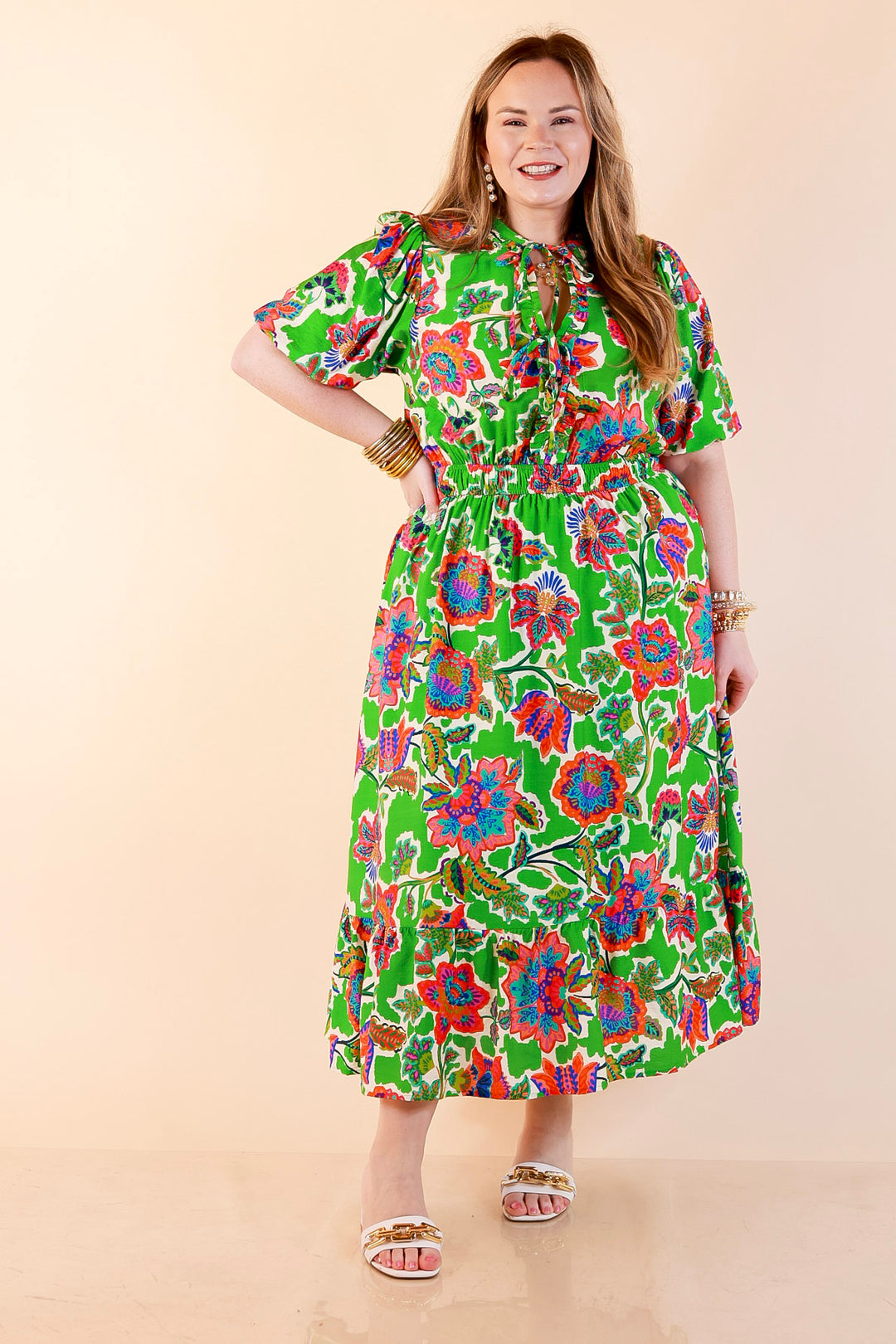 Color Me Happy Floral Print Midi Dress with Tie Neckline and Puff Sleeves in Green