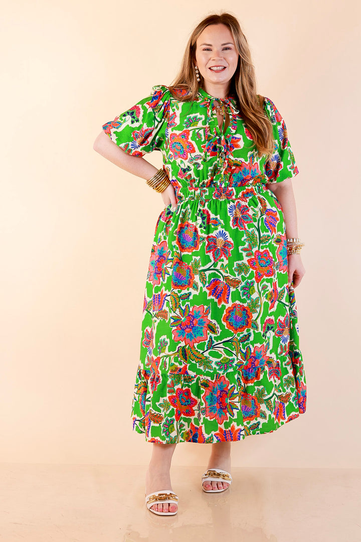 Color Me Happy Floral Print Midi Dress with Tie Neckline and Puff Sleeves in Green