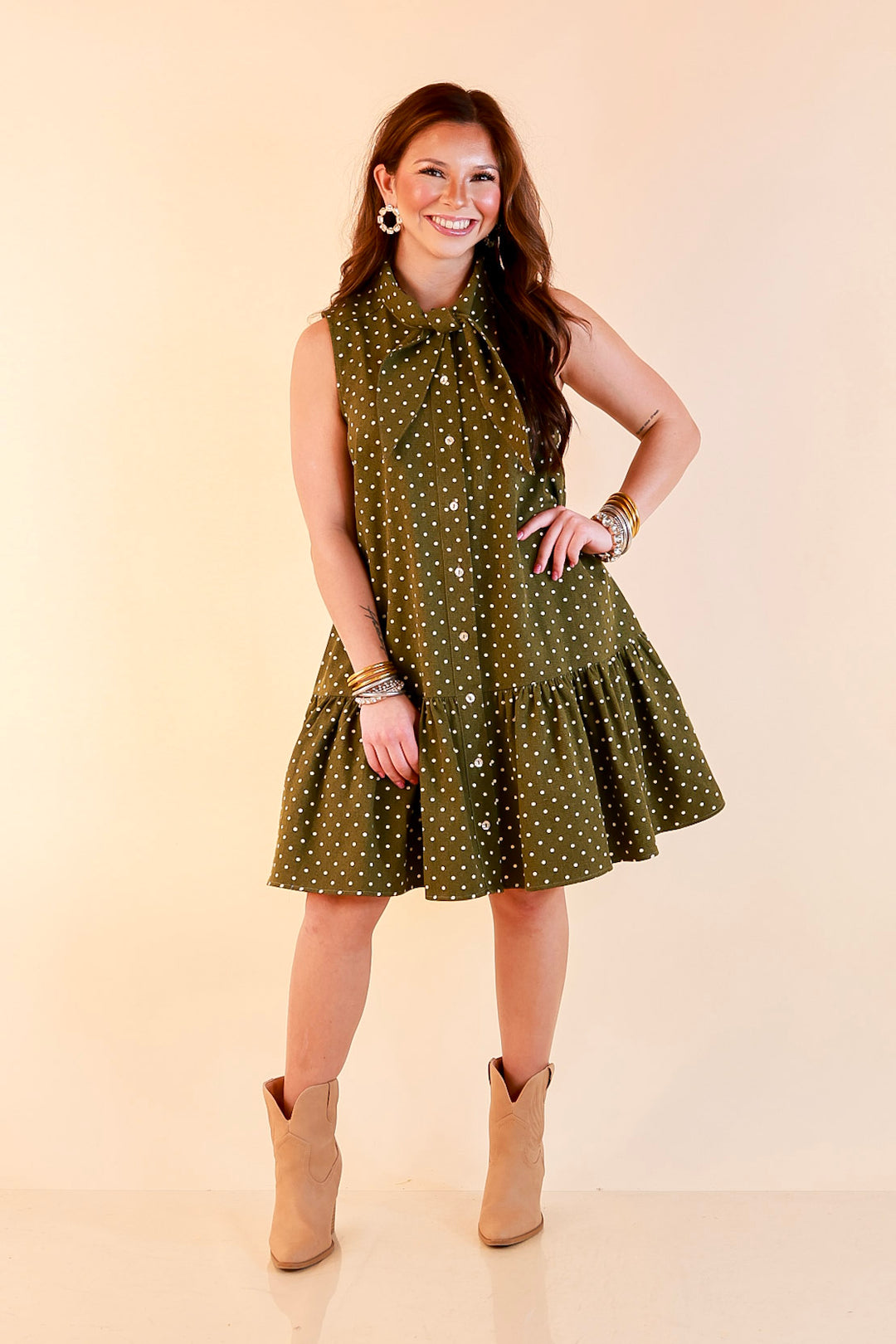 Sweet Spot Denim Polka Dot Bow Neck Tie Button Front Drop Waist Dress in Olive Green