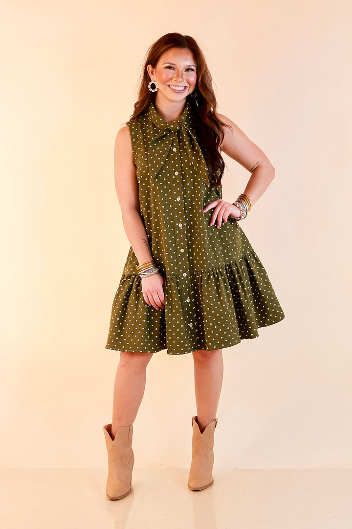 Sweet Spot Denim Polka Dot Bow Neck Tie Button Front Drop Waist Dress in Olive Green