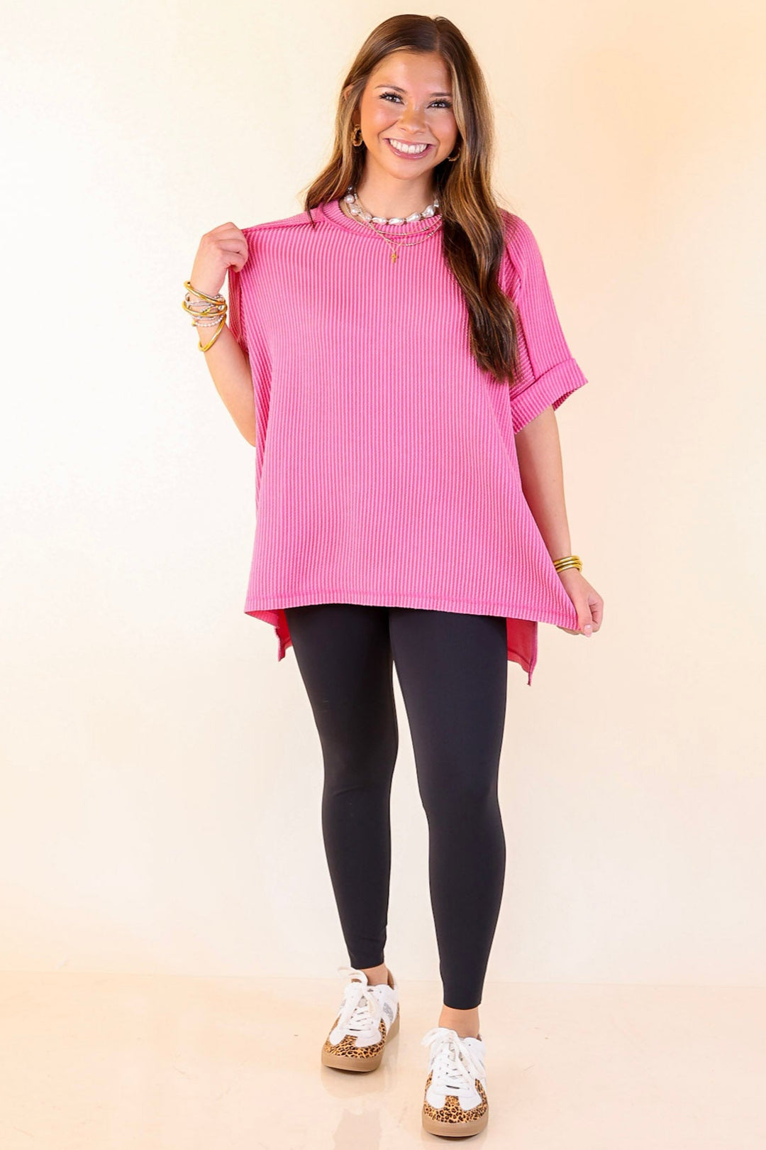 Daily Perfection Scoop Neck Short Sleeve Ribbed Top in Candy Pink
