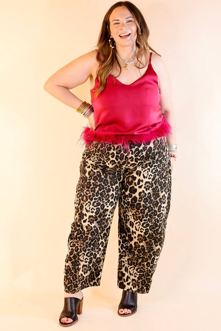 Out All Night Spaghetti Strap Top with Feather Hem in Magenta