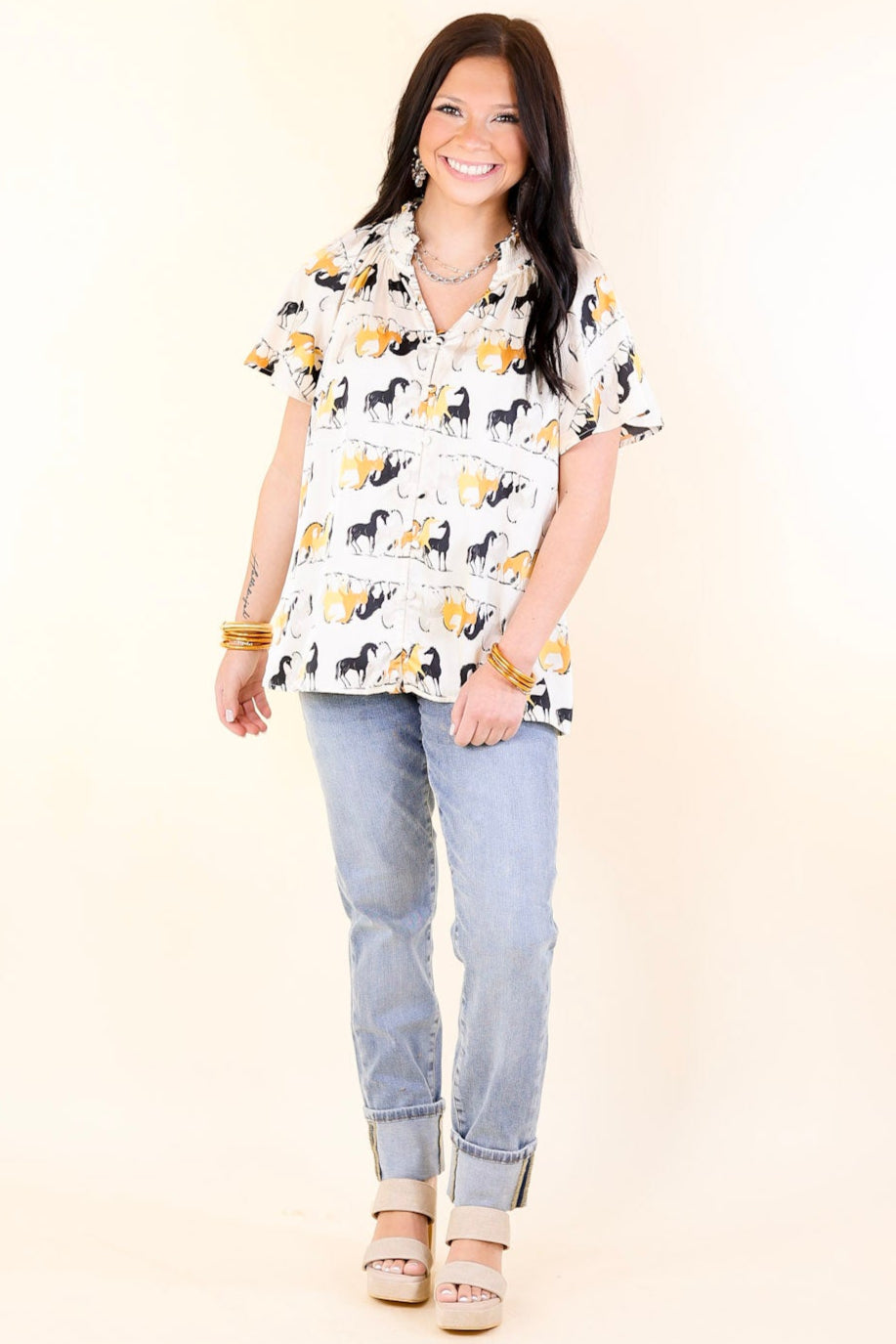 Away We Go Button Up Horse Print Shirt in Ivory