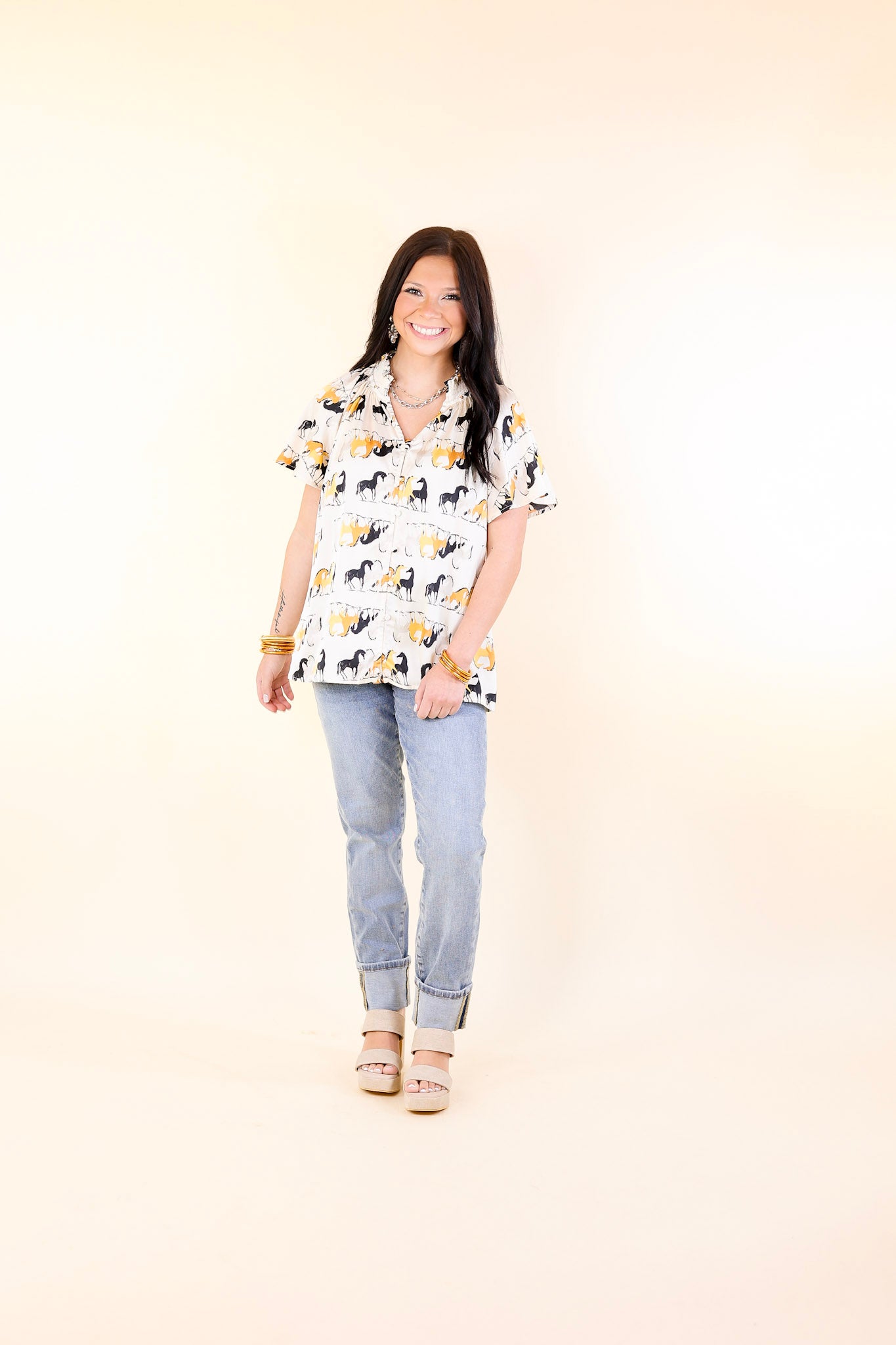 Away We Go Button Up Horse Print Shirt in Ivory