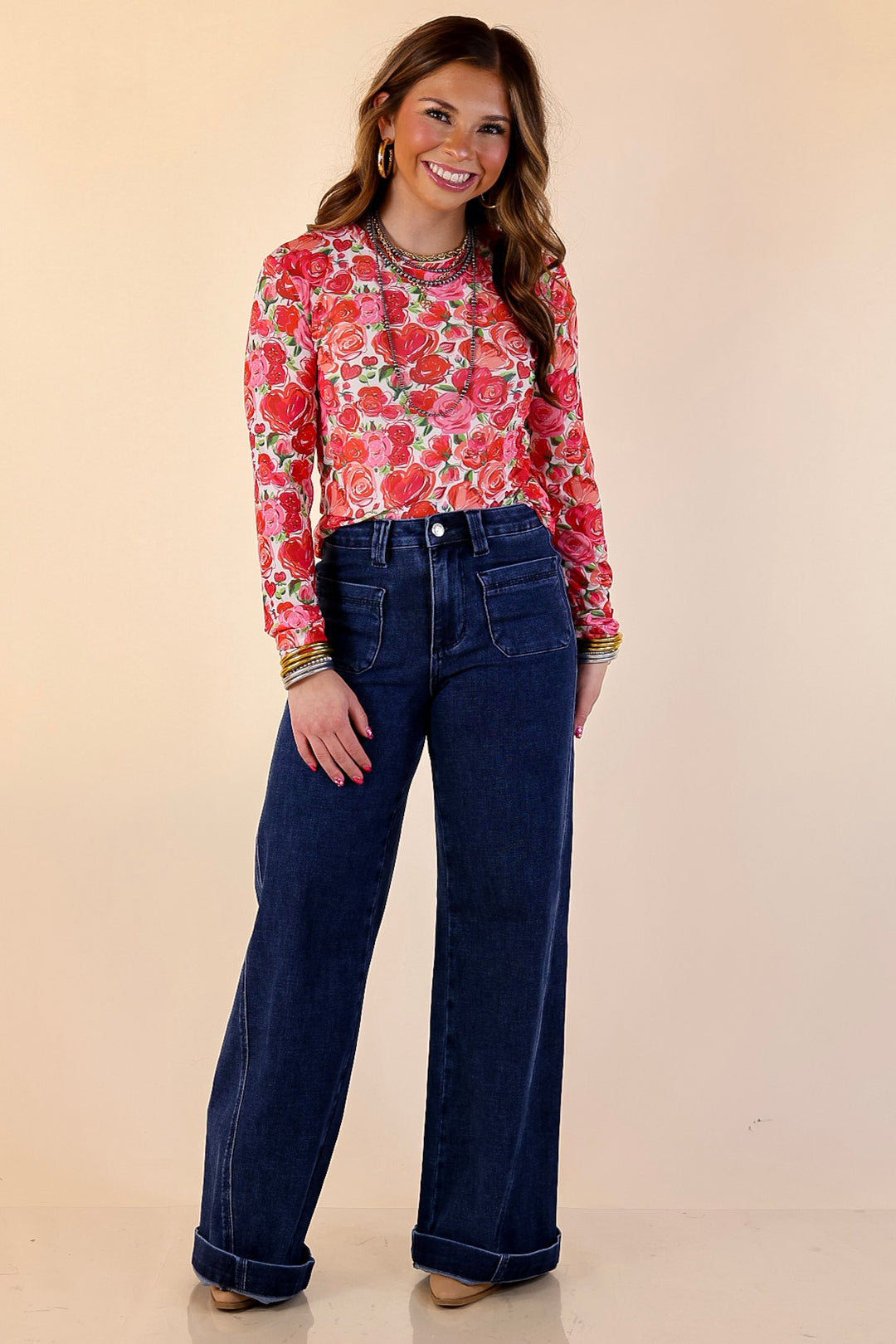 The Perfect Layer Colorful Floral and Hearts Print Mesh Long Sleeve Top in White