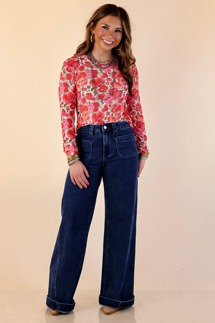 The Perfect Layer Colorful Floral and Hearts Print Mesh Long Sleeve Top in White