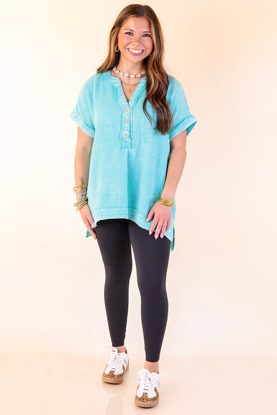 Simple Statement Quarter Button Up Short Drop Sleeve Shirt in Turquoise Blue