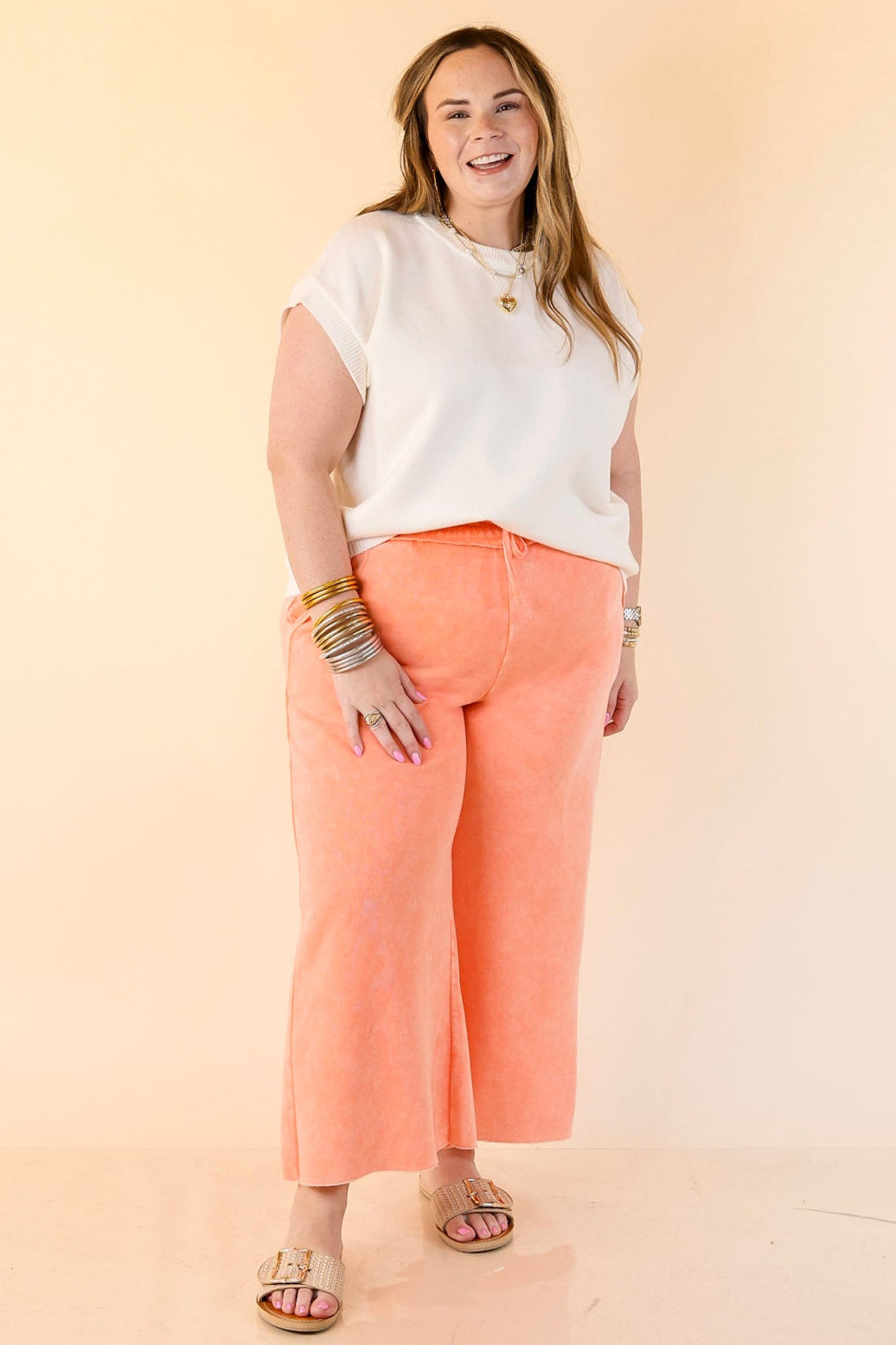 Cozy Girl Cropped Acid Washed Drawstring Pant in Coral Orange