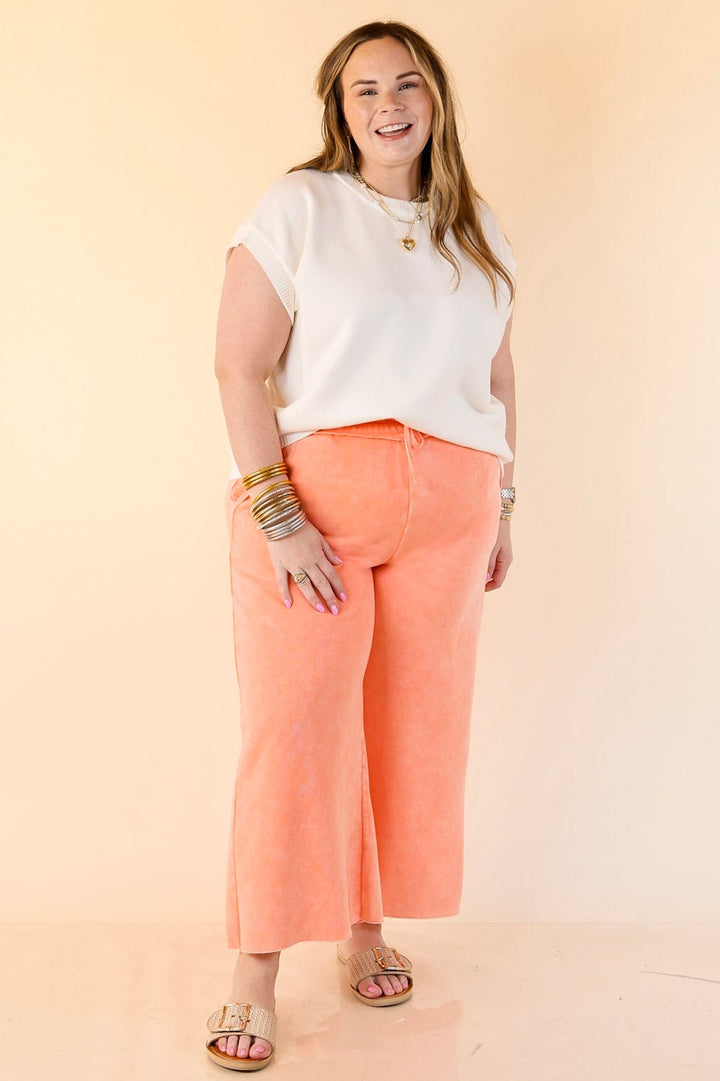 Cozy Girl Cropped Acid Washed Drawstring Pant in Coral Orange