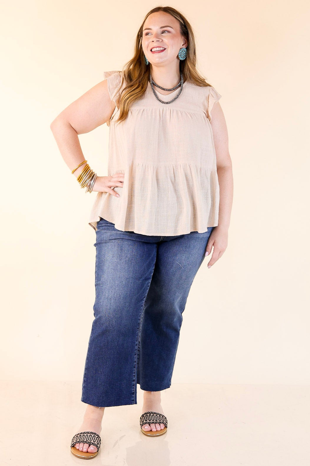 Stay Wonderful Solid Tiered Top with Ruffle Cap Sleeves in Natural