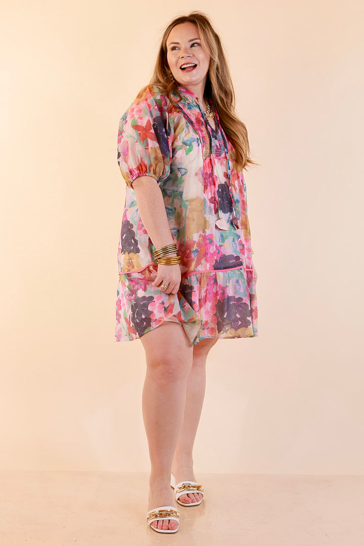 Painted Pretty Floral Print Smocked Yoke Dress with Tie Neckline and Puff Sleeves in Pink Mix