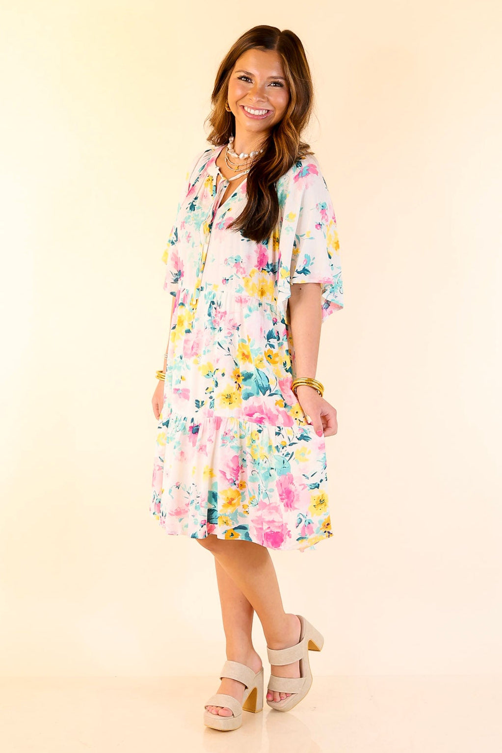 Piece Of Paradise Tiered Floral Dress with Keyhole in Ivory