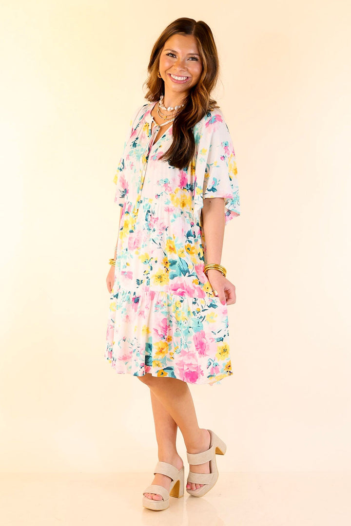 Piece Of Paradise Tiered Floral Dress with Keyhole in Ivory