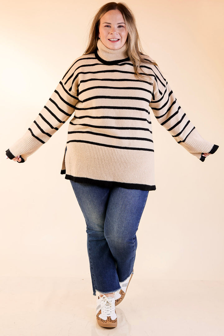 Mud Pie | Dunn Turtleneck Sweater with Black Stripes in Tan