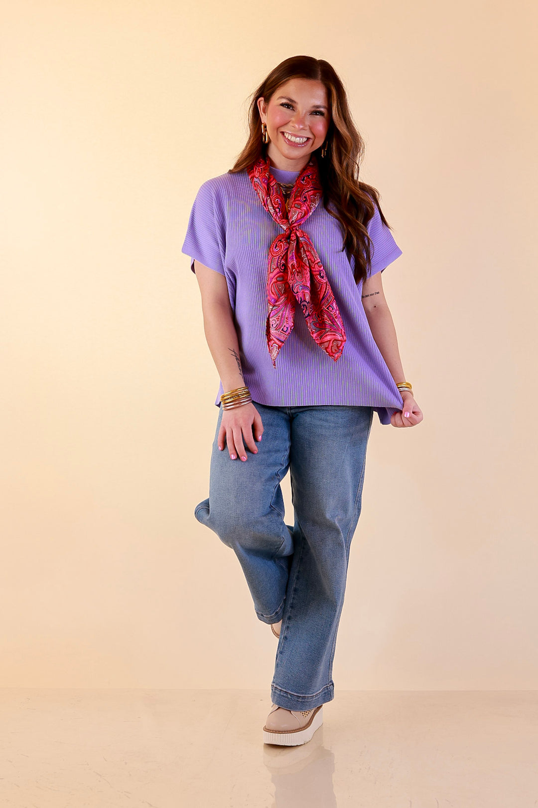 Always in Style Short Sleeve Mock Neck Top in Lavender Purple