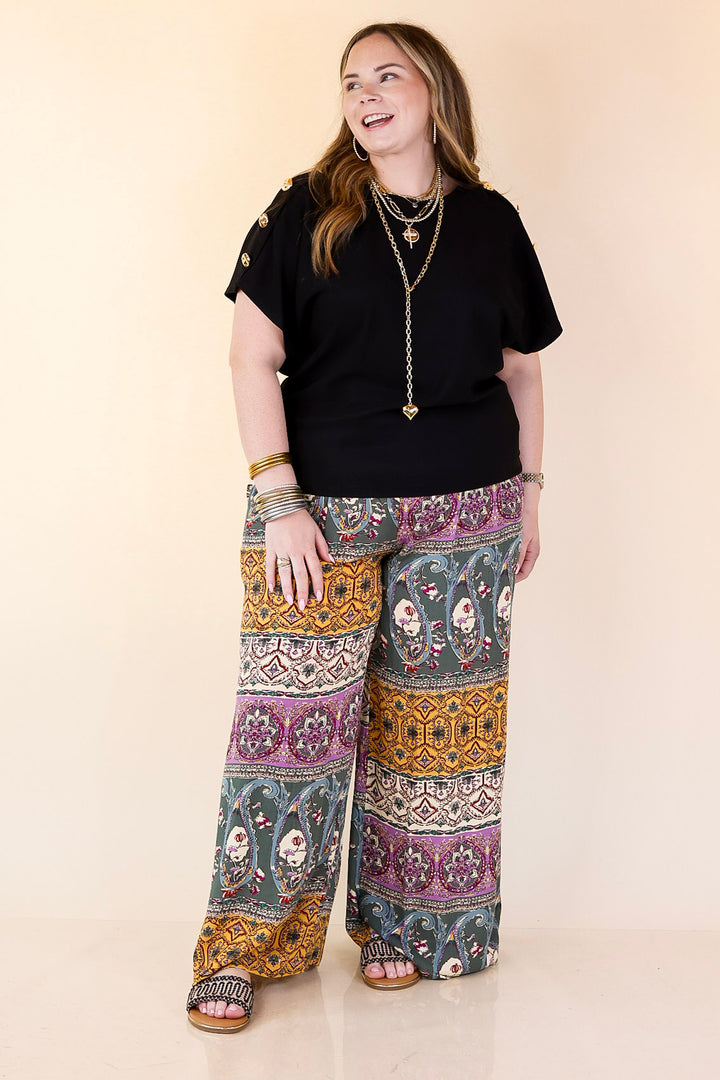 Golden Hour Glow Ribbed Crew Neck Top With Gold Button Detailing in Black