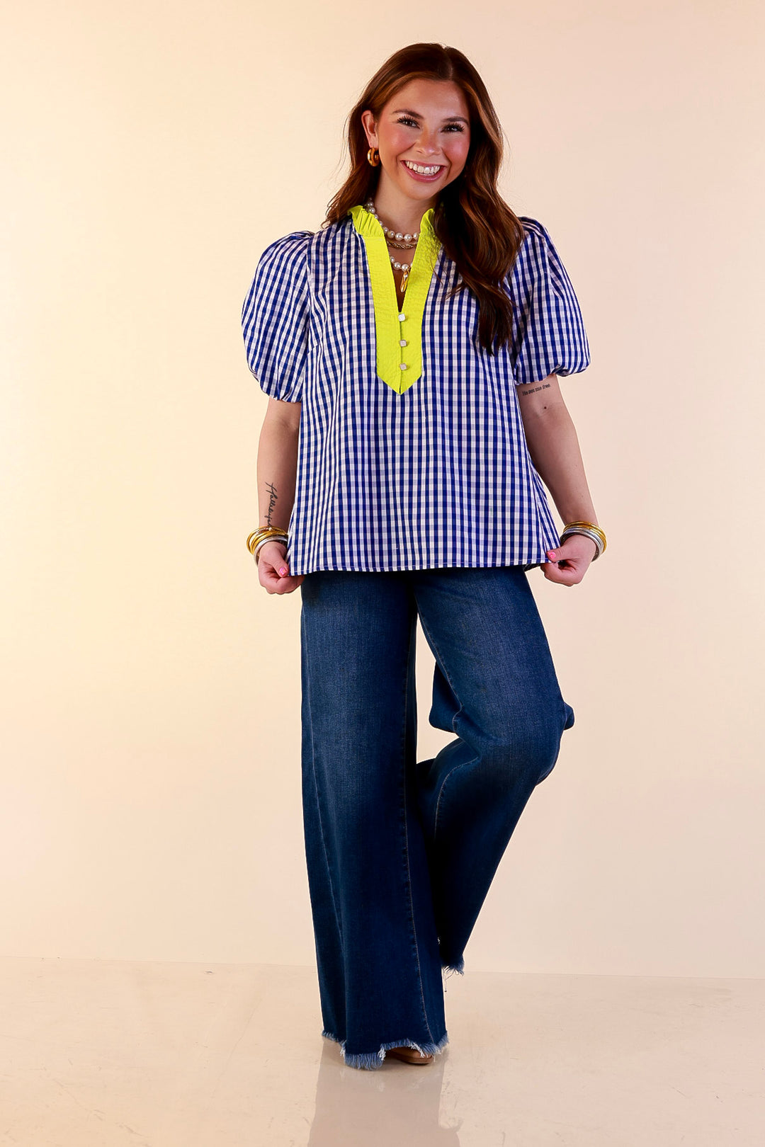 Polished &amp; Playful Short Puff Sleeve Gingham Top with Contrast Lime Green Trim in Royal Blue and White
