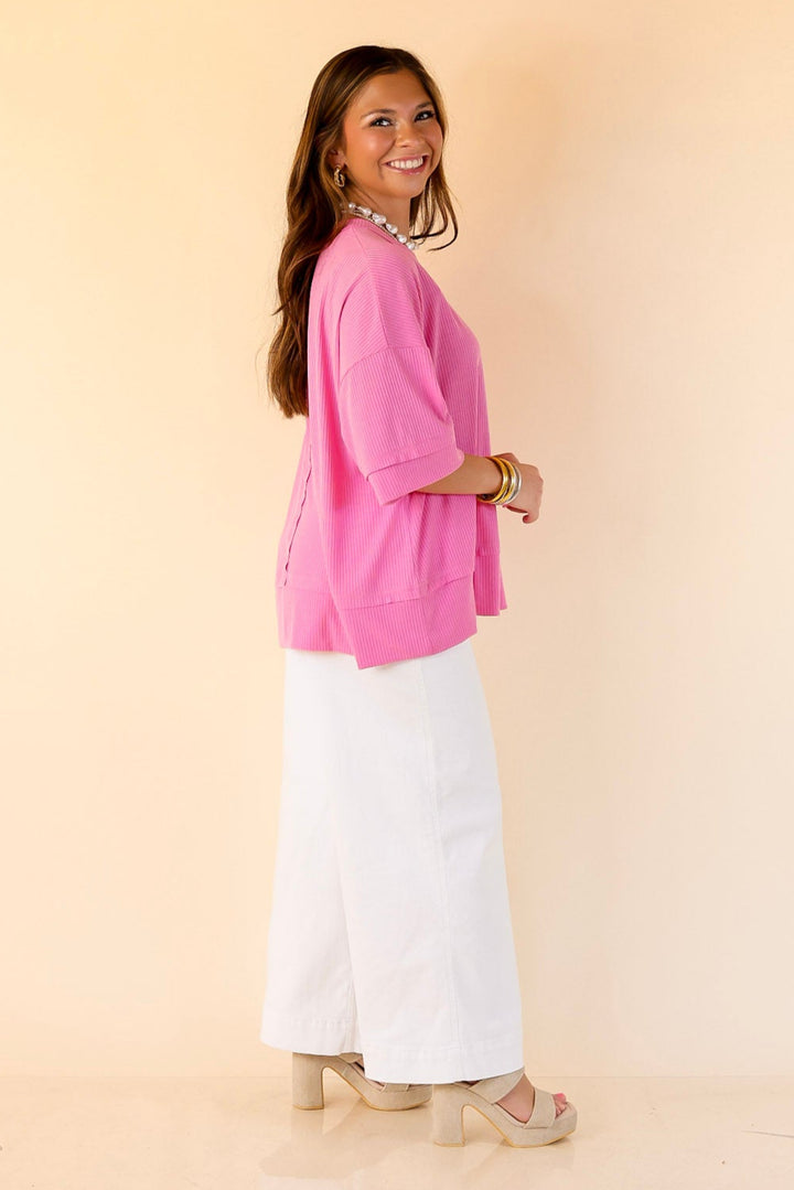 Subtle Spark Crew Neck Short Sleeve Shirt with Seam Detailing in Pink