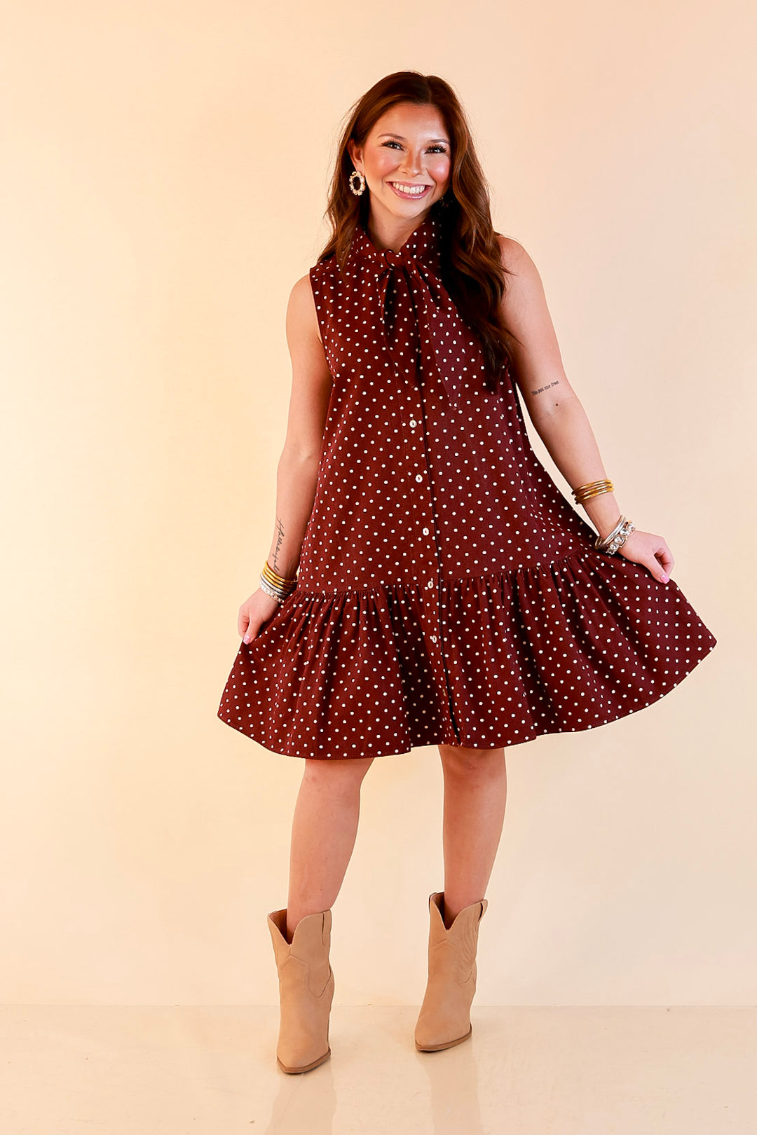 Sweet Spot Denim Polka Dot Bow Neck Tie Button Front Drop Waist Dress in Maroon