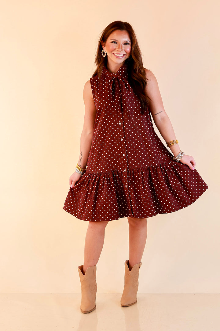 Sweet Spot Denim Polka Dot Bow Neck Tie Button Front Drop Waist Dress in Maroon