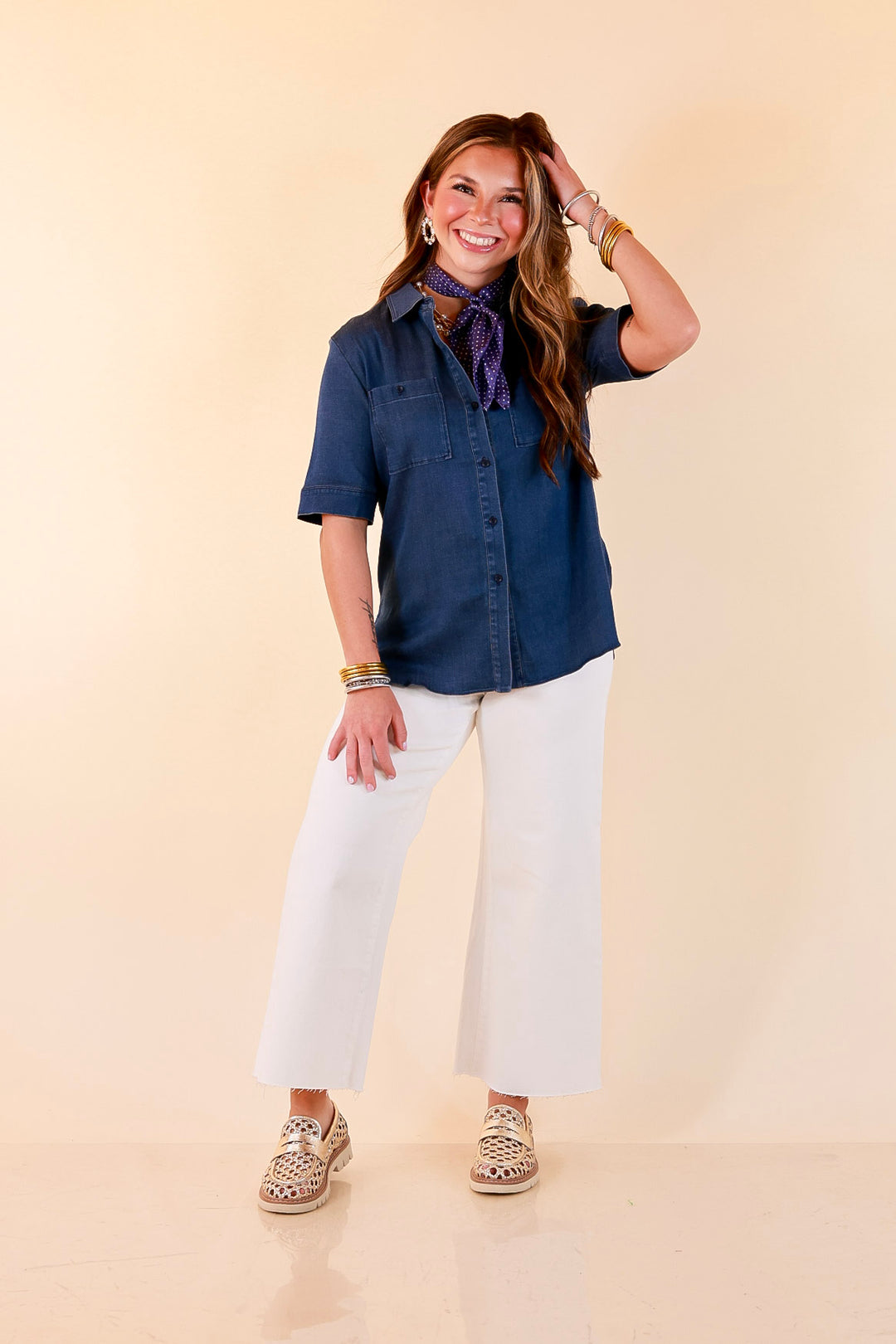 Lyssé | Best Dressed Short Sleeve Button Down Chambray Denim Shirt in Dark Wash