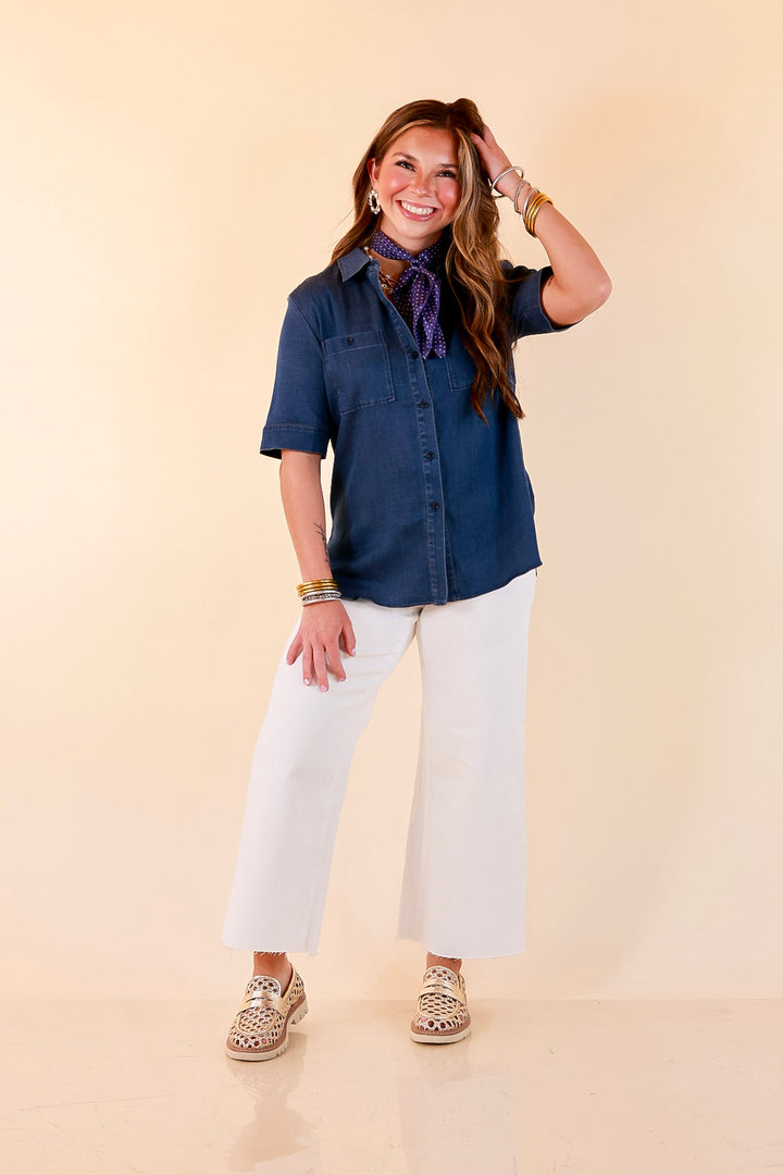 Lyssé | Best Dressed Short Sleeve Button Down Chambray Denim Shirt in Dark Wash